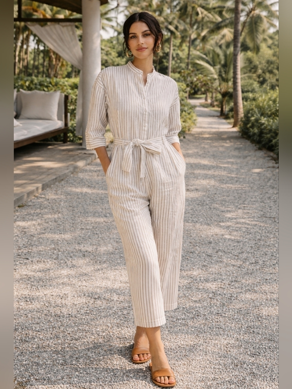 Club Monaco Striped Tencel Jumpsuit  Khaki White Size 00 Luxe NEW - Picture 2 of 7